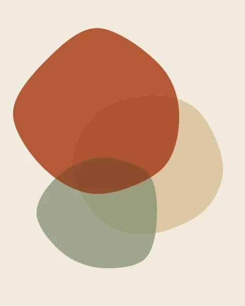 Three rounded, irregular forms in terracotta, sand and sage cluster in the middle of a cream sheet. Where they overlap the colours deepen, as if each were cut from thin coloured paper.