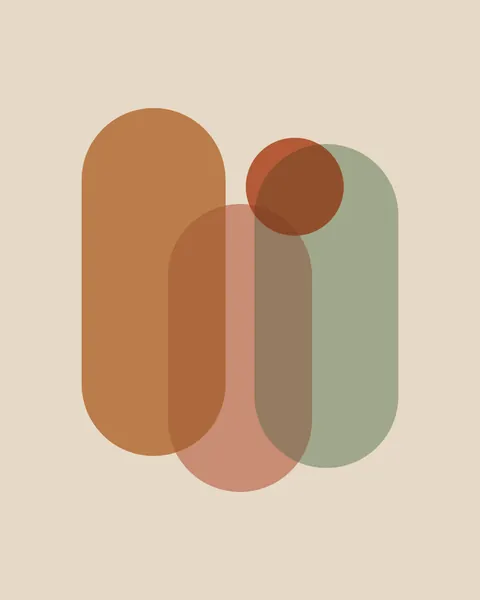 Three tall capsule shapes in caramel, dusty rose and sage stand side by side on an oat ground, each set at a different height, with a small terracotta disc crossing the top of the middle one. Where any two overlap, a deeper shared colour shows, like sheets of tinted tracing paper.