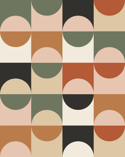A grid of square tiles in warm neutrals and earth colours. Each tile holds one half disc in a contrasting colour, set alternately on its top and bottom edge, so that neighbouring tiles meet as split circles across the sheet.