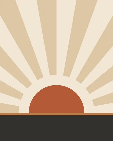 A terracotta half sun sits on a charcoal band at the foot of a pale sheet, with a caramel line along the horizon. A cream halo surrounds it, and broad sand-coloured rays fan out behind it to the edges of the sheet.