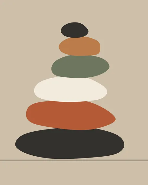 Six smooth, slightly flattened stones are stacked in a leaning column on a putty ground with a fine ground line beneath them, largest at the base: charcoal, terracotta, cream, sage, caramel and a small charcoal stone at the top.