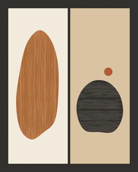 A charcoal sheet holds two tall panels side by side. On the cream left panel stands a tall caramel stone brushed with darker vertical streaks; on the sand right panel a low, wide charcoal stone with horizontal streaks sits lower down, a small terracotta dot above it.