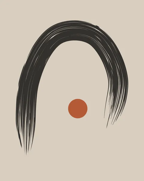 A single broad charcoal brushstroke rises from the lower left, arcs across the top and curls back down on the right, its bristle marks visible along its length. A small terracotta disc sits inside the curve.