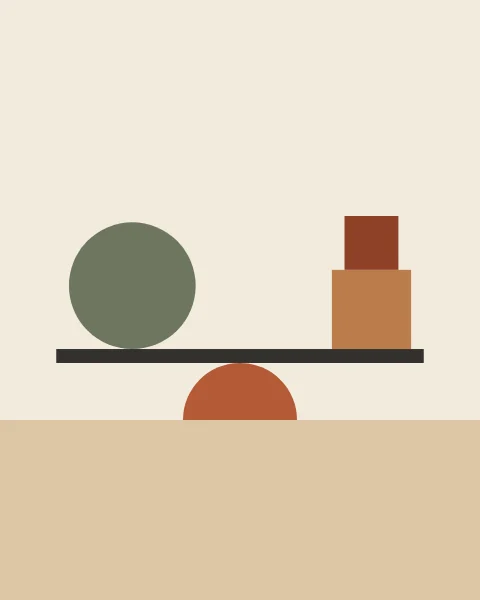 A charcoal beam rests level on a terracotta half disc above a sand ground. A sage ball sits at one end, and a caramel block with a smaller rust block on top sits at the other.