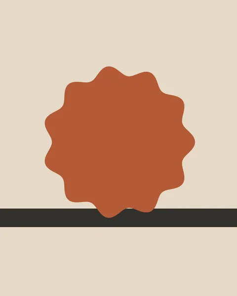 One large scalloped terracotta disc sits just above centre on an oat-sand ground, its lower edge resting on a single charcoal band that runs the full width of the sheet.