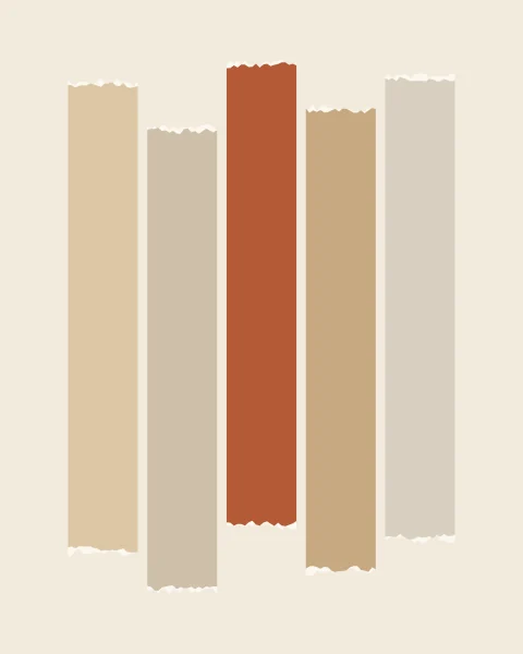 A row of vertical strips of torn coloured paper stands on a cream sheet, each beginning and ending at a slightly different height, with a pale paper core showing along the torn ends. Most are warm neutrals; one is terracotta.