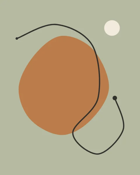 A large rounded caramel form sits on a sage ground. A fine charcoal line starts at the top left, loops around the form's side and ends in a dot on the right; a small cream disc floats above.
