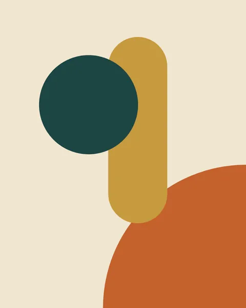 On a warm cream ground an orange quarter circle fills the lower-right corner, a tall mustard capsule stands with its foot on the quarter's arc, and a deep teal circle overlaps the capsule, so the three shapes read as one construction.