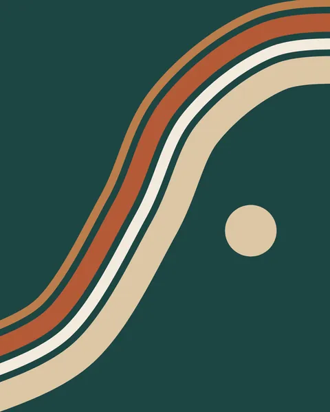 A wide band made of parallel stripes in sand, cream, terracotta and caramel sweeps up from the lower left of a deep teal sheet and out across the top right. A small sand disc sits below the curve.