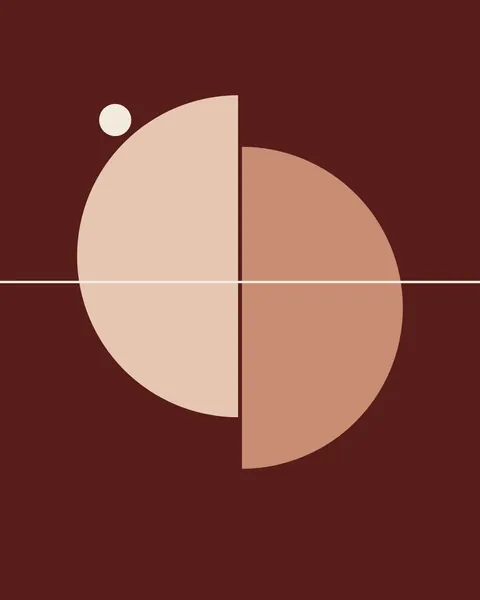 A large disc on a deep oxblood ground is cut down the middle: the blush left half has slipped up, the dusty rose right half down, on either side of a fine cream line that crosses the full width. A small cream dot sits above.