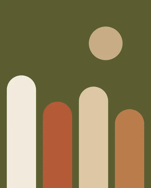 A row of arch-topped columns in alternating tall and short heights stands along the foot of an olive sheet, in cream, caramel, pale sand, terracotta and sand. A sand-coloured disc hangs in the olive sky above them.