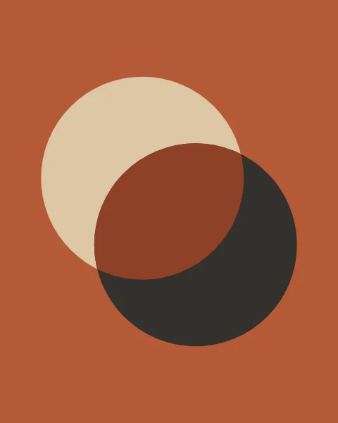 Two equal discs, one sand and one charcoal, overlap on the diagonal of a terracotta ground. Where they cross, a lens-shaped area is printed in deep rust.
