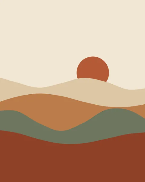 Four bands of rounded hills overlap from the middle of the sheet down to the foot, in sand, caramel, deep sage and rust, with a terracotta sun low in the pale sky behind them.