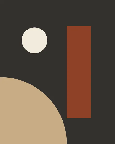 On a charcoal ground, a large sand quarter circle rises from the lower left corner, a tall rust slab stands right of centre and a cream disc floats upper left.