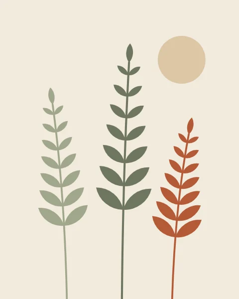 Three slender fronds rise from the foot of a cream sheet in pale sage, deep sage and terracotta, each a curved stem with pairs of pointed leaflets that shorten towards the tip. A sand sun sits above them on the right.