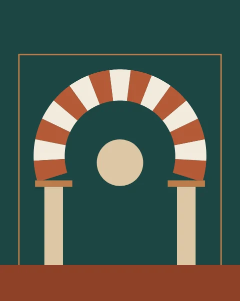 On a deep teal ground a horseshoe arch of alternating terracotta and cream wedges stands on two slim sand columns with caramel capitals, framed by a fine caramel line. A sand disc sits in the opening, and a rust band runs along the foot.