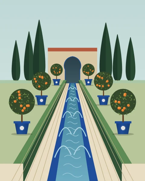A garden walk seen straight down its length. A narrow cobalt-edged rill runs from the foreground to a pavilion arch in a sand-coloured wall, with low myrtle hedges on either side, thin water jets arching over the channel and a row of dark cypresses rising from the garden behind against the pale sky.