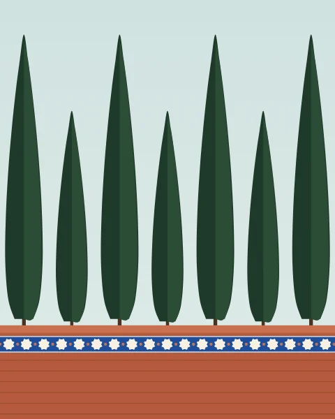 A row of dark green cypresses, tall and short alternating, standing against a pale sky above a terracotta garden wall with a band of cobalt-and-cream star tiles along its coping.