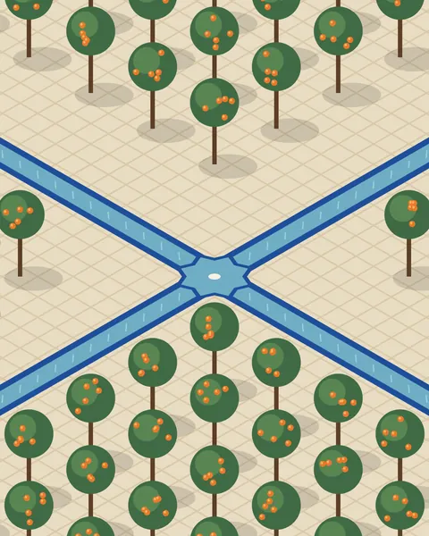 An orange court drawn like an architect's axonometric: the paving a tilted grid of pale lines, two cobalt water channels crossing at an eight-point basin, and round orange trees standing up from the plan on their trunks, each with its fruit and its shadow.