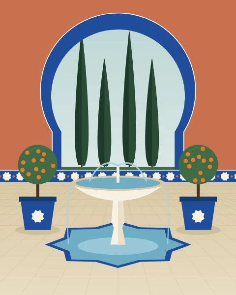 A marble bowl fountain on a slender stem, spilling into an eight-point star basin in a paved court. An orange tree in a blue pot stands on each side, and behind it a horseshoe arch edged in cobalt tiles opens onto cypresses.