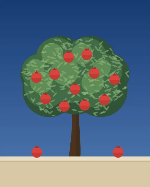 A round-headed pomegranate tree full of small leaves and red fruit with their crowns, standing over a low sand wall against a deep cobalt sky. Two fallen fruit lie on the coping.