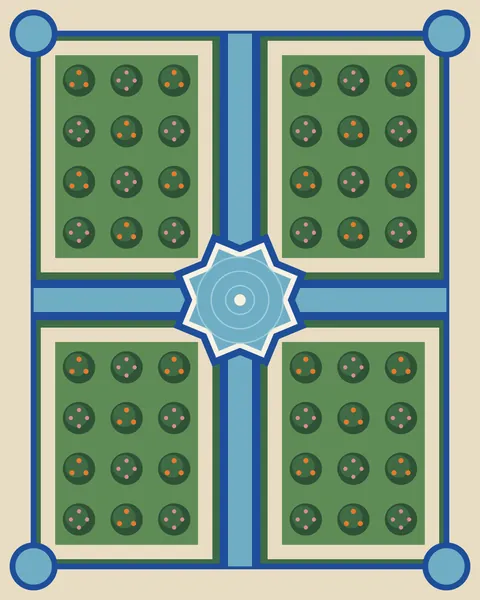 A garden plan: a walled rectangle divided into four quarters by two cobalt water channels that meet at an eight-point star pool. Each quarter is planted with a grid of round trees carrying oranges or roses, paths run round them in sand, and small round basins sit in the corners.