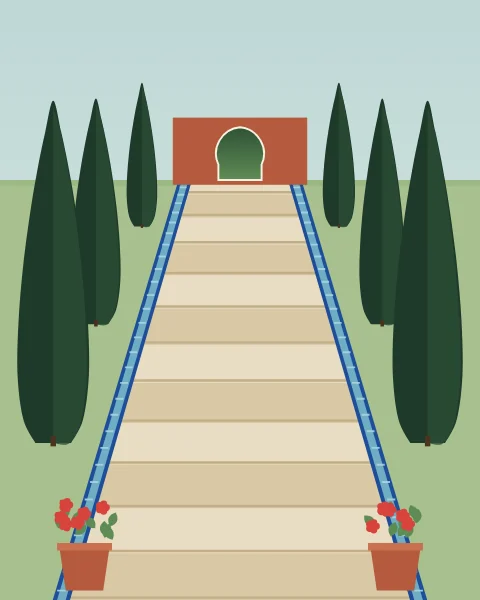 A wide flight of sand-coloured steps climbing to a horseshoe arch set in a terracotta wall. Water runs down channels cut into the cobalt-tiled banisters on both sides, cypresses stand on the lawns either side of the stair, smaller as they near the top, and pots of geraniums flank the bottom step.