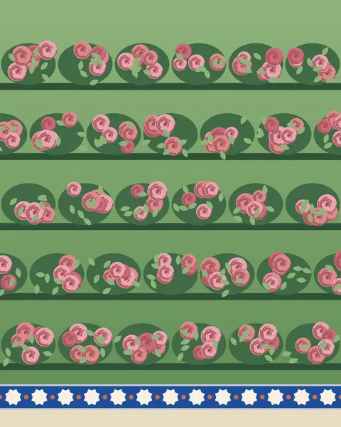 Rose beds seen from a little above: rows of round green bushes carrying pink and crimson damask roses, each row edged with a line of clipped box, and a band of cobalt-and-cream tiles along the bottom edge.