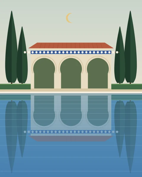 A pavilion of horseshoe arches under a tiled roof, with cypresses on either side, standing at the end of a long pool. The whole scene is mirrored in the water under a pale evening sky with the new crescent.