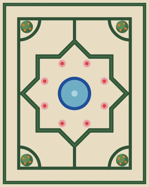 A garden parterre from directly above: low clipped myrtle hedges laid out as eight-point stars around round cobalt basins, damask roses in the angles of each star and small orange trees in the corners of the beds.