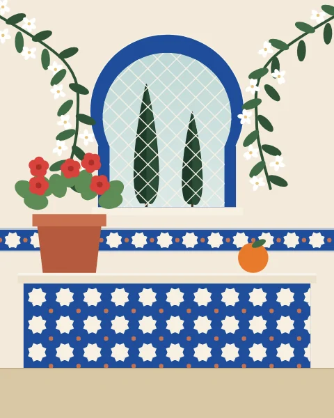 A garden bench faced with cobalt tiles set with cream eight-point stars, its seat a slab of pale marble with a pot of red geraniums and an orange on it. Above, jasmine frames a latticed horseshoe window with cypresses beyond.
