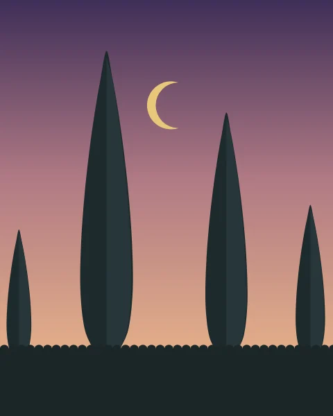 Two tall cypresses and two smaller ones standing dark against a sky that runs from plum to apricot, with the new gold crescent hanging between the two tall trees above a low hedge.