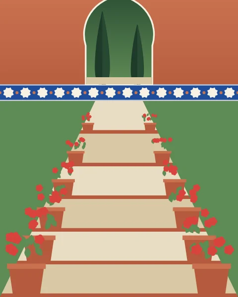A flight of wide sand-coloured steps narrowing as they rise to a horseshoe gate in a terracotta wall, with a glimpse of cypresses through the opening. Clay pots of red geraniums stand at the end of every step and green beds run along both sides.
