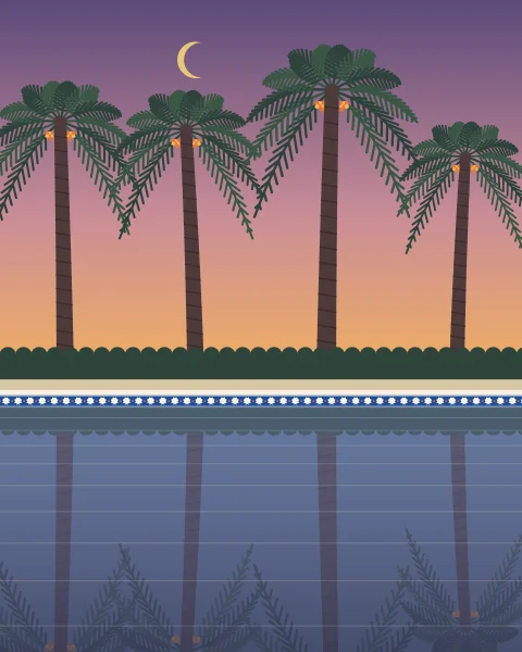 Date palms standing behind a low hedge at the edge of a long pool, under an evening sky that runs from violet to apricot with the new crescent. The palms are reflected in the still water below a tiled edge.