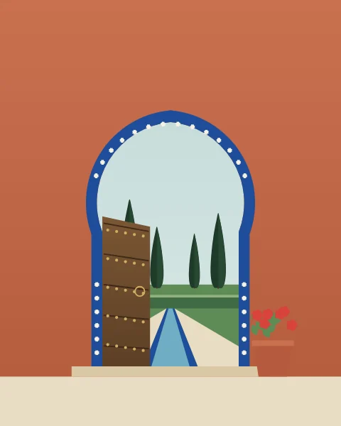 A horseshoe gateway in a terracotta wall, framed by a band of cobalt tiles with cream stars. Its heavy wooden door stands open, studded with brass, and through it a green garden shows, with cypresses, a hedge and a blue rill running towards you. A pot of geraniums stands by the step.