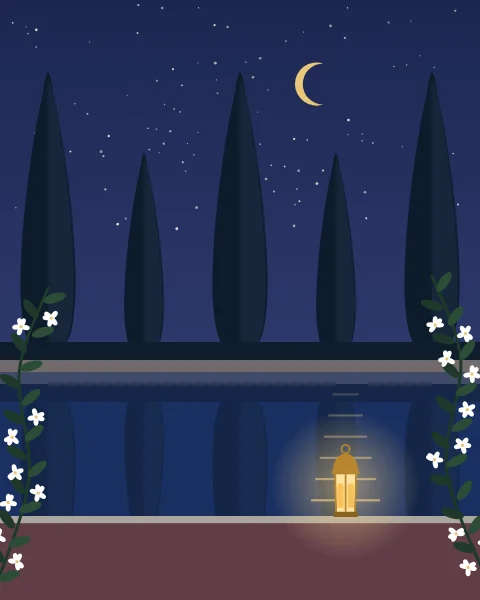 A garden at night. Cypresses stand dark against a starry indigo sky with the crescent, a brass lantern stands lit on the near edge of the pool and lays a line of gold on the water, and jasmine climbs in from both sides.