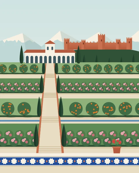 A garden hillside seen from a tiled parapet: terraces stepping down towards you, each with its sand retaining wall, clipped myrtle edge and a row of orange trees, cypresses or roses, a white arcaded pavilion on the upper terrace and a red fort with towers on the wooded hill behind, under snow-capped mountains.