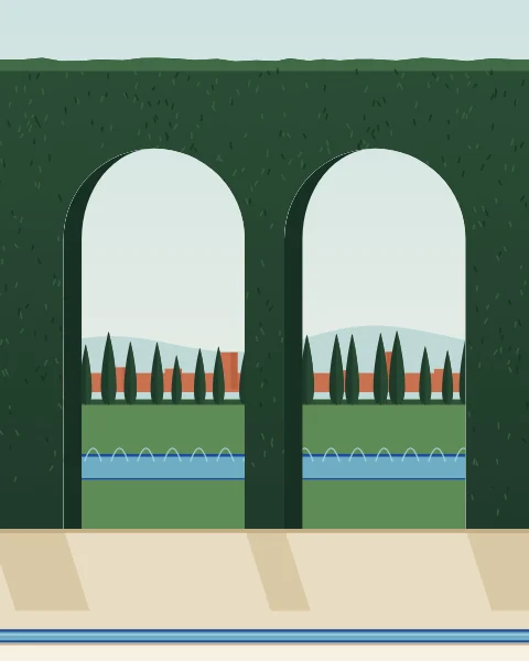 A wall of clipped cypress hedge, dark and close-grown, cut with tall round arches. Through them a lower garden shows with a pool, more cypresses and a red palace wall under a pale sky, and the light from the arches falls on a sand path with a narrow cobalt rill.