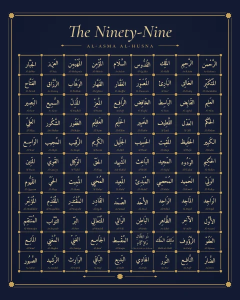 All ninety-nine Beautiful Names in classical Naskh calligraphy, each in its own cell of a fine gold lattice on a midnight blue ground, read from right to left in the traditional order, with each transliteration beneath.