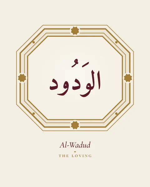 The Name Al-Wadud, the Loving, set large in classical Naskh calligraphy with vowel marks, inside an octagonal cartouche drawn in fine gold on a warm bone ground, with the transliteration and meaning set quietly beneath.