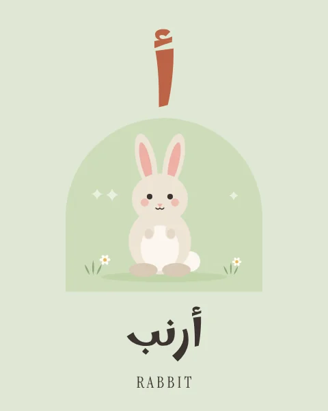The Arabic letter Alif drawn large above a soft cream rabbit sitting up among small daisies, with the word arnab written beneath in Arabic and English.