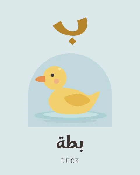 The Arabic letter Ba drawn large above a round yellow duckling floating on a little pond, with the word batta written beneath in Arabic and English.