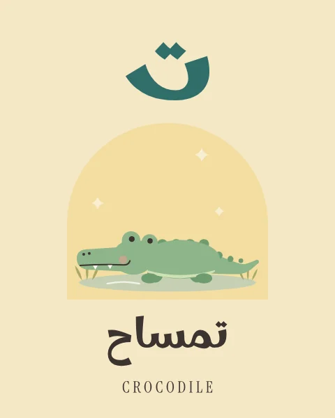 The Arabic letter Ta drawn large above a friendly green crocodile resting at the water's edge, with the word timsah written beneath in Arabic and English.