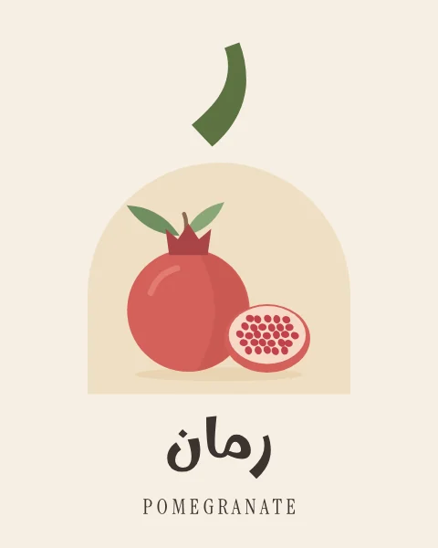 The Arabic letter Ra drawn large above a whole pomegranate beside an open half full of seeds, with the word rumman written beneath in Arabic and English.