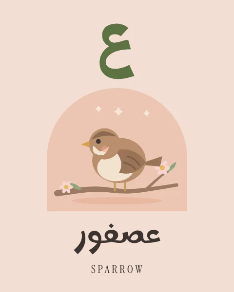The Arabic letter Ayn drawn large above a plump brown sparrow on a blossoming twig, with the word usfur written beneath in Arabic and English.