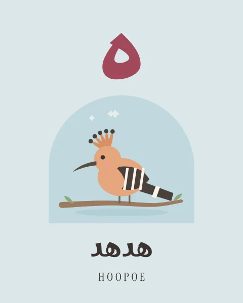 The Arabic letter Ha drawn large above a hoopoe with its crest raised, perched on a branch, with the word hudhud written beneath in Arabic and English.