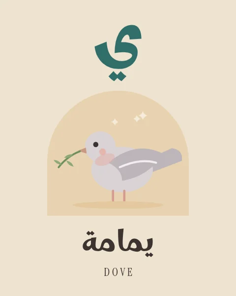 The Arabic letter Ya drawn large above a soft grey dove carrying an olive sprig, with the word yamama written beneath in Arabic and English.
