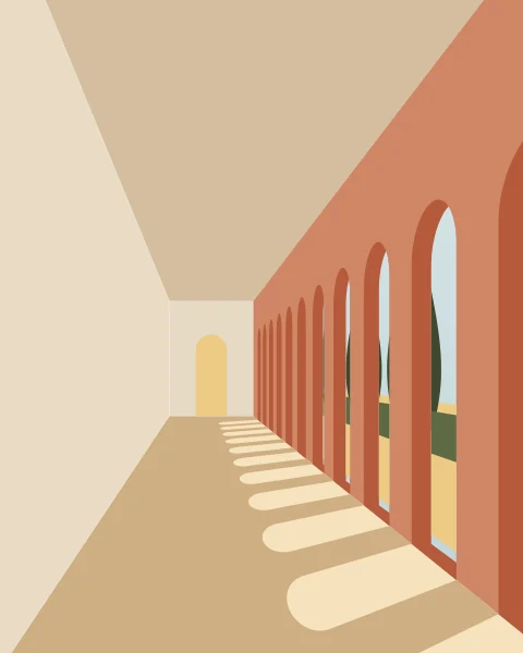 A shaded gallery recedes into the distance, its round arches opening onto a row of cypresses and bright sand while patches of sun fall across the floor.