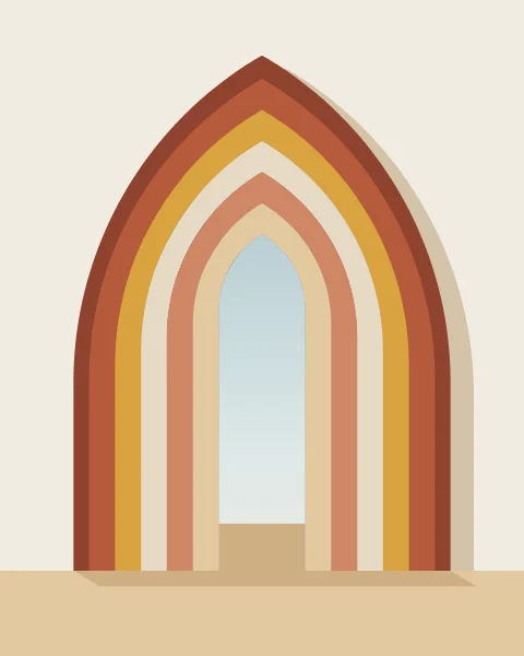 A pointed doorway stepped back in five bands of terracotta, ochre and plaster, each casting a crisp shadow on the next.