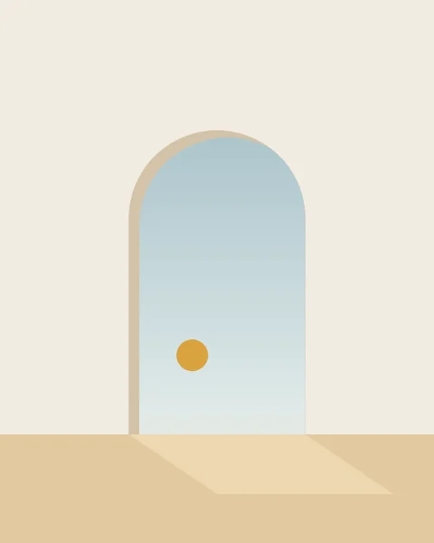 A single round arch in a lime-plaster wall, open to a pale sky and a low ochre sun.